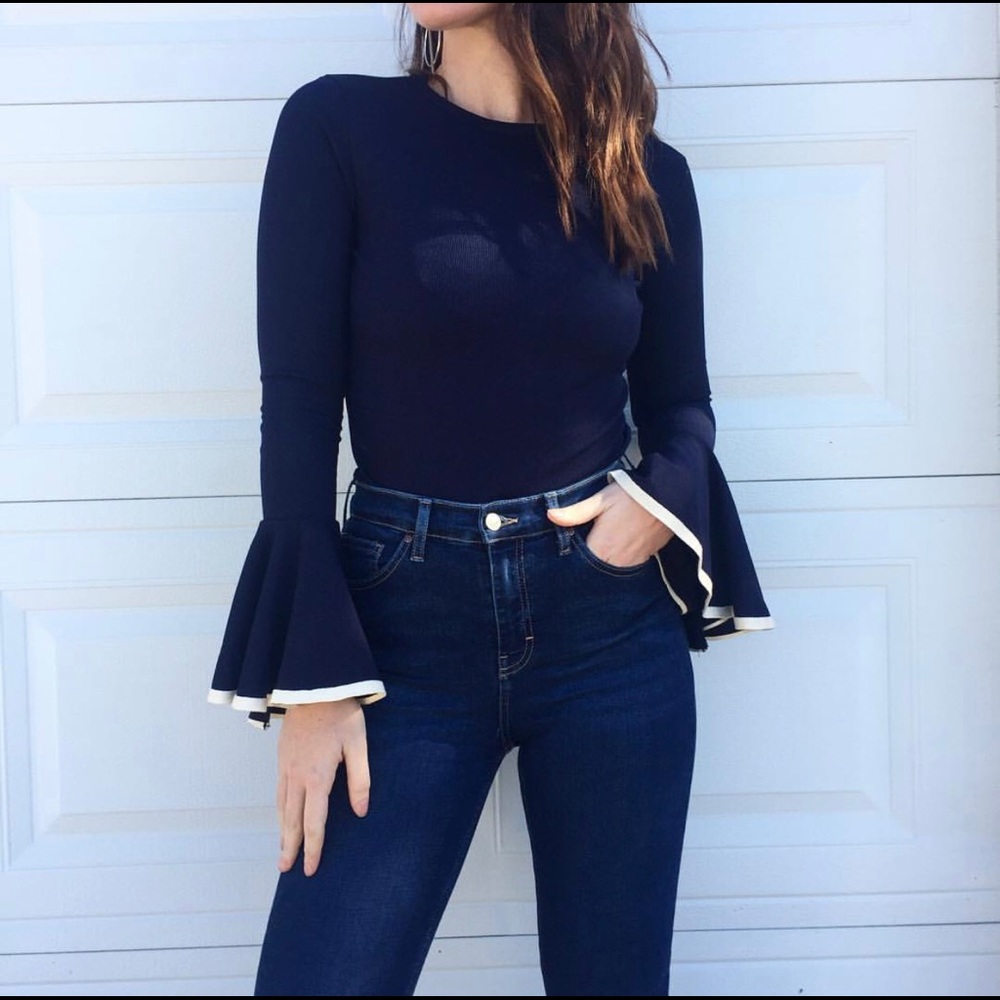 Storets Navy Rib Knit Bell Sleeve Top